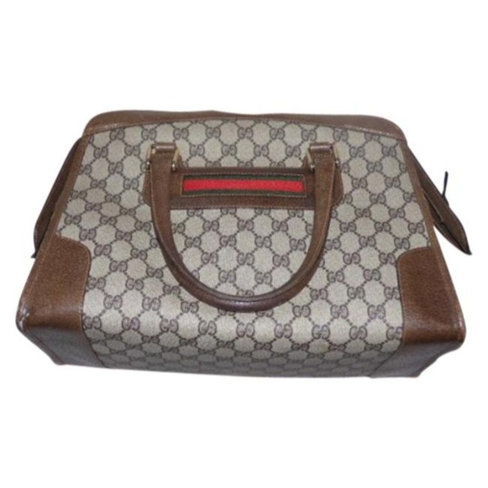 Gucci Large Logo Print Satchel Shades Of Brown With Red And Green Stripes